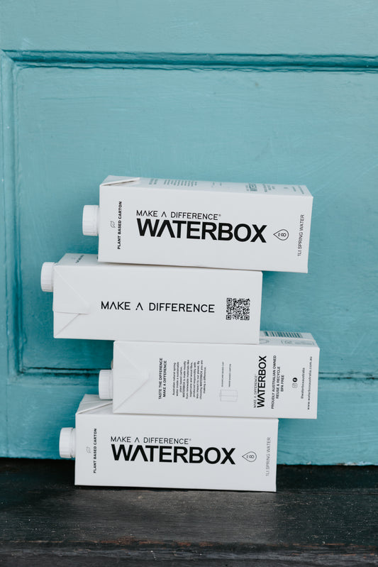 Stacked Waterbox Cartons on a Blue Backdrop